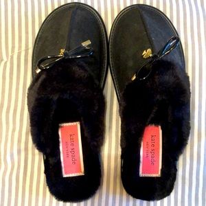 NWOT Kate Spade black suede and fur house slippers